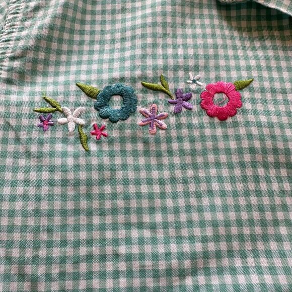 Blair Women's M Green White Checked Floral Embroidery Button Up Shirt - Picture 3 of 14